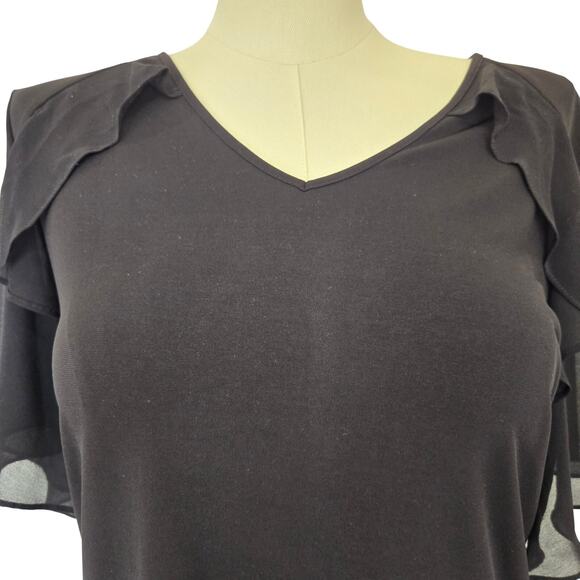 Calvin Klein Black Flutter Sleeve V-neck Blouse Top Sz XL Minimalist Old Money - Picture 2 of 10